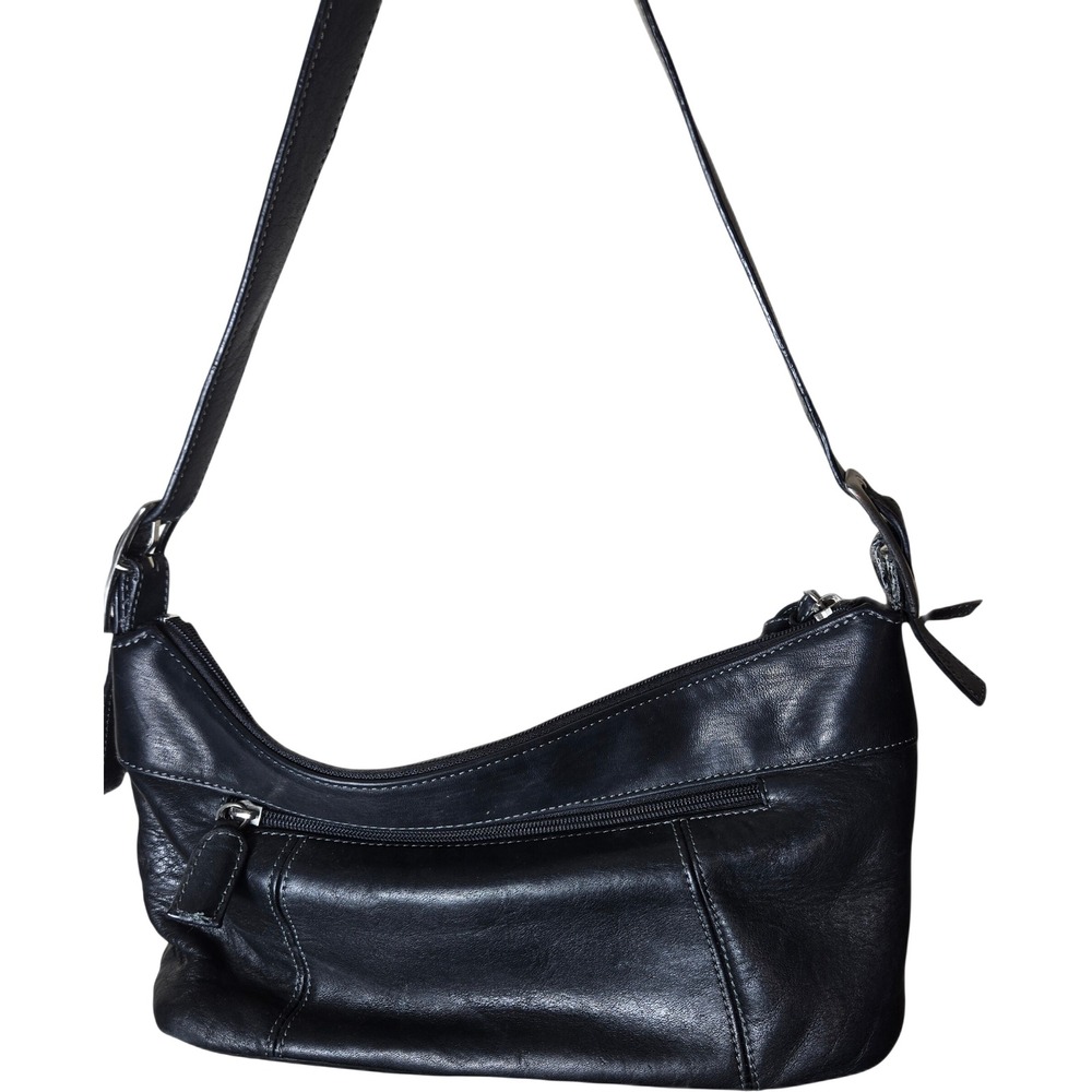 Tignanello Black Pebbled Leather Shoulder Bag White Contrast Stitching Small
